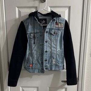 Young & Reckless Light Blue Denim Jacket with Black Hooded Sleeves